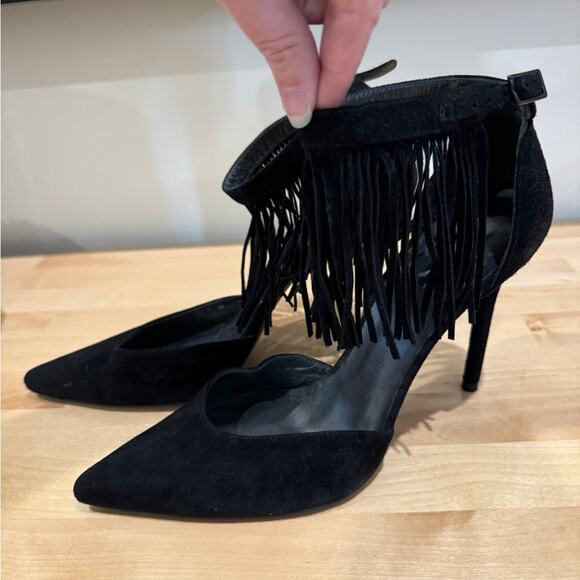 Stuart Weitzman Fringelica Fringe Suede Ankle Strap Pump Black Women Sz 7.5 M - Picture 12 of 16